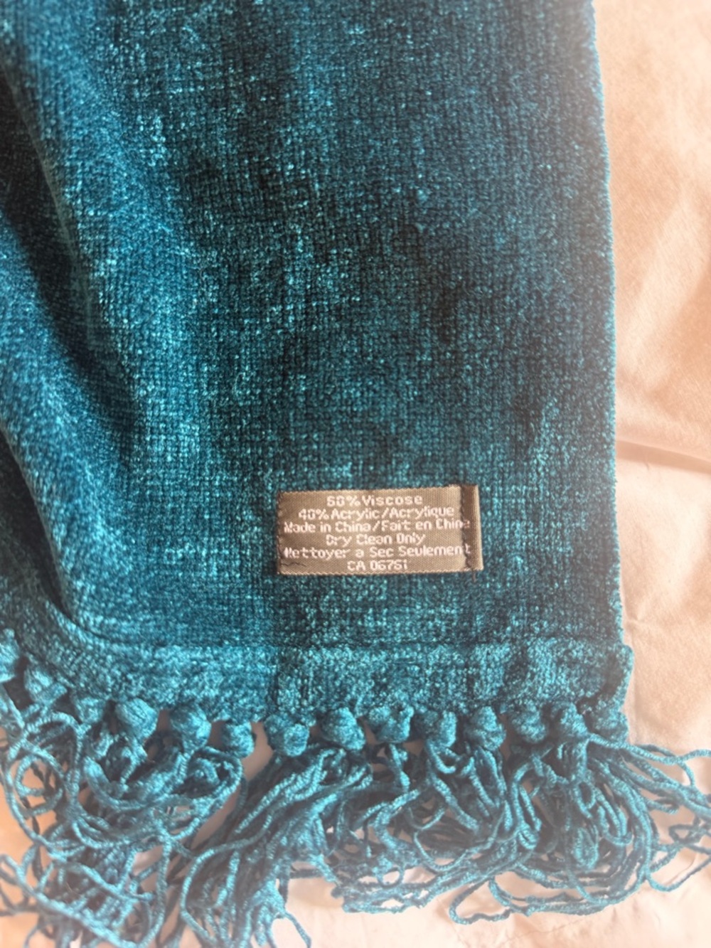 Teal Velvet Chenille Fringe Scarf Vintage - Picture 3 of 3
